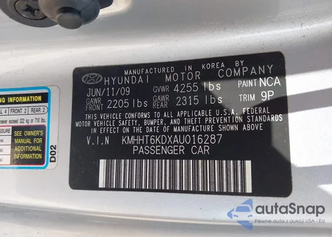 2010 Hyundai Genesis 2.0T Premium z USA, uszkodzony, nr VIN KMHHT6KDXAU016287